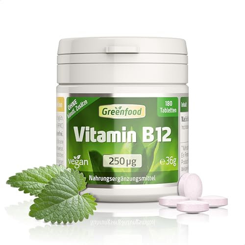 Vitamin B12, hochdosiert, 250µg - 180 Tabletten, vegan. Mit B12 (Methylcobalamin) – wichtig für Energie, Nervensystem und Blutbildung. OHNE künstliche Zusätze - laborgeprüft. Von Greenfood.