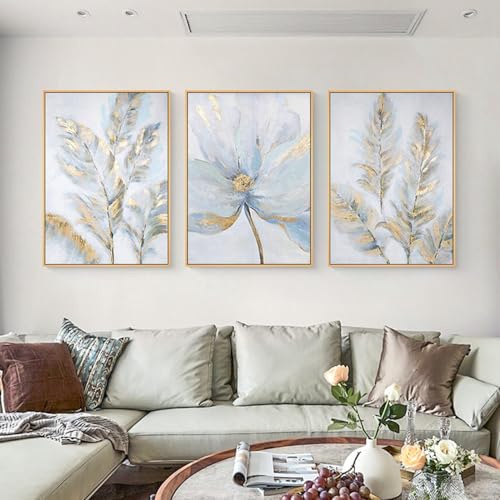 FSLEOVN Abstrakte Leinwand Bilder 3er Set, Blau Gold Blumen Wandbilder, Nordische Poster Blau Pflanzenblatt Bild auf Leinwand, Wohnzimmer Wanddeko, Rahmenlos (Blau Gold,60x90cm x3)