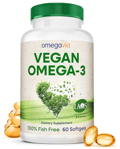 OmegaVia Vegan Omega 3 Supplement, Algae Omega 3 Fish Oil Alternative, 300mg Vegan DHA Fatty Acids, Plant Based, Planet and Ocean Friendly, IAOS 5 Star Tested, 60 Softgels