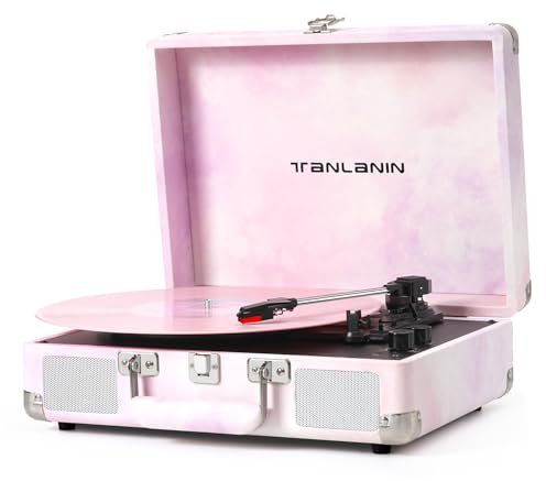 Watercolor Vinyl Record Player with Treble & Bass Control, Vintage 3-Speed Bluetooth Suitcase Portable Turntables with Built-in Speakers, 33 45 78 RPM LP Player Support RCA/AUX/Headphone Jack, Pink