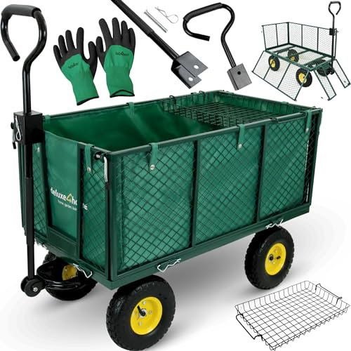 deluxe4home® Bollerwagen bis 550kg Grün I Gartenwagen Handwagen Metall klappbar I Gerätewagen Transportwagen I Karren mit Breiten Reifen I Robuster Wagen Rollwagen
