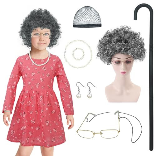 FEOYA Mädchen Oma Kostüm Old Lady Perücke Set Großmutter 8 Stück Cosplay Zubehör Set Karneval Halloween Oma Perücke Perücke Kappe Brille Brillenketten Perlenkette Ohrringe Krücke 5-6 Jahre