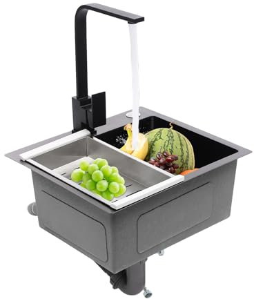 Fregadero de Cocina, Fregadero con Grifo Cocina 40 x 45 cm, Fregadero Cocina 1 Seno, Fregadero Acero Inoxidable Cuadrado, Fregadero Sobre Enrasado Negro Mate
