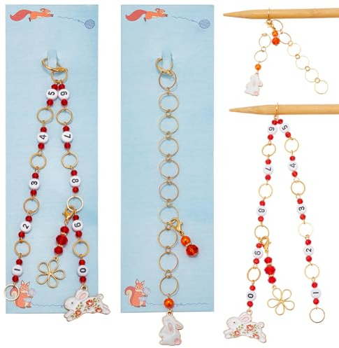 NBEADS 2 Stk. 2 Stile Kaninchen Stricken Reihe Zähler Chains, 0~9 Nummer Stricken Ketten mit Acryl-Perle Legierung Emaille Kaninchen Stitch Marker Stricken Häkeln Zubehör für Weben Nähen Schmuck