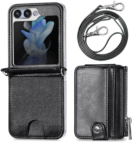 Szakdws Handyhülle für Samsung Galaxy Z Flip 6 5G Reißverschluss Hülle mit Kette,Leder Galaxy Flip 6 Hülle mit Kartenfach,Handykette Galaxy Flip 6 Hülle mit Kordel zum Umhängen,Schwarz
