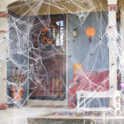 Halloween Deko,Halloween Spinnennetz, 240g Spinnennetz, mit 50 Horror Schwarz Spinnen, Spinnennetz Deko, Halloween Deko Spinnennetz, Spukhaus Dekoration,Gruselszene, Partyzubehör, Spinnenweben Deko