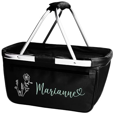 Personalisierter Einkaufskorb I Geschenk für Frauen & Oma I Geschenkidee Geburtstag Frauen | Faltbar mit Name & Blumenmotiv (schwarz)