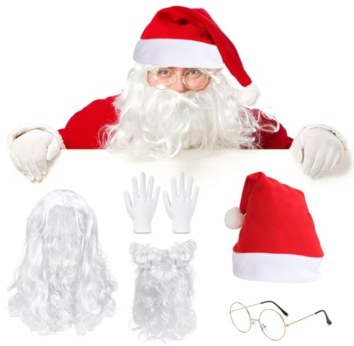 Yisight 5 Pièces Accessoires de Cosplay Père Noël - Perruque, Barbe, Lunettes, Bonnet et Gants pour Déguisement et Fêtes de Noël