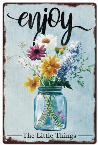 SUPERDANT Blechschilder Blumen Aus Glasflaschen Blechschild Blumenstrauß Vintage Schild Enjoy The Little Things Retro Metallschild Für Zuhause Männerhöhle Garten Wohnzimmer Mädchenzimmer Büro