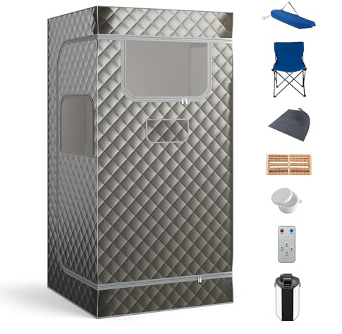 COSTWAY Sauna à Vapeur Portable 3L avec Chaise Pliable pour Tout le Corps, Tente de Sauna pour 1 Personne avec 9 Niveaux Température Masseur de Pieds Minuterie, pour Relaxation à la Maison (Gris)