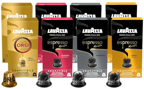 Lavazza, 80 Capsules Café Assorties, Capsules Compatibles Avec les Machines Nespresso Original, 2 x Espresso Maestro Classico, 2 x Ristretto, 2 x Lungo et 2 x Qualità Oro, 8 Paquets de 10 Capsules