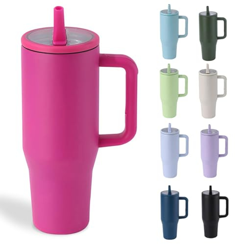 Moollyfox 1 200 ml/40 oz isolerad mugg läckagesäker rostfritt stål dubbelväggig bilmugg med sugrör kaffekopp kylkopp resemugg med handtag och läckagesäkert lock ros