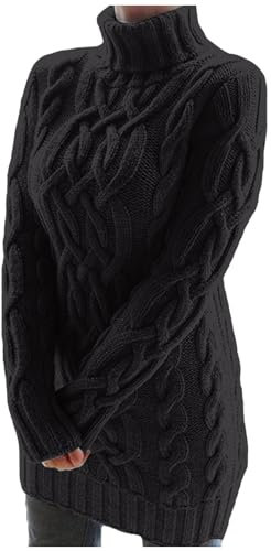 Weihnachtspulli Damen, Lang Rollkragenpullover Damen Cable Grobstrick Pullover Warm Strickpullover Elegant Langarm Pulli Oversize Alpaka Kleider Sweater Winter Hohe Taille Norweger-Pullover Casual Wo