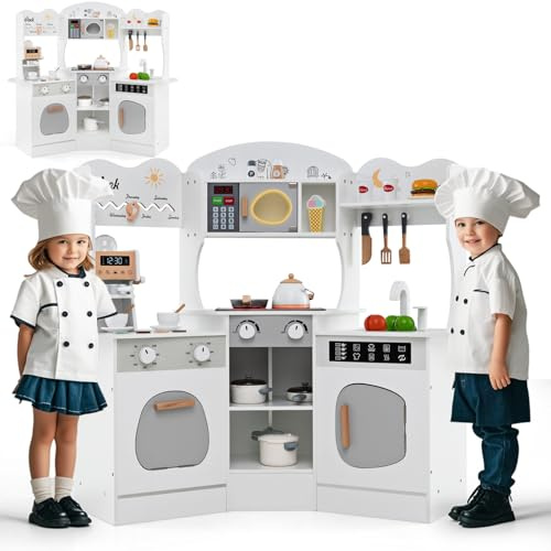 HOMASIS Cuisine pour Enfants avec Son et lumière, Cuisine d'angle avec 16 Accessoires de Jeu, Set de Cuisine avec Machine à café évier Four Micro-Ondes Machine à Laver, Cuisine Jouet en Bois (Blanc)