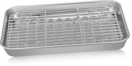 VINTORKY Stainless Steel Baking Sheet and Wire Rack Set, 23.5×17.5×2.5cm, 2pcs 430 Embossed Cookie Pans with 201 Stainless Steel Cooling Oven Rack for Baking Meat and Pizza