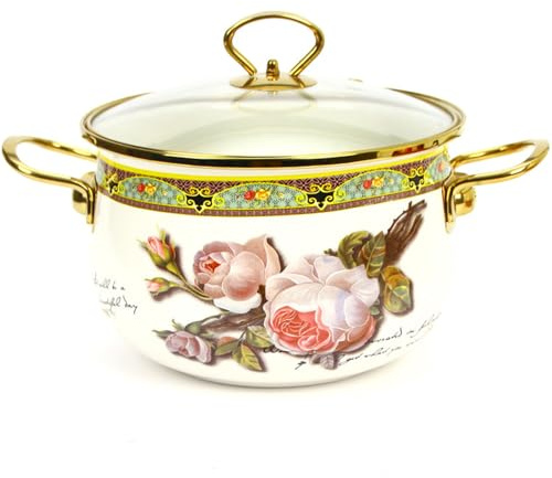 ZGFOZJGC Enamel Stockpot with Glass Lid, Nonstick Saucepan Pot with Handle, Vintage Floral Stainless Steel Stew Simmer Pot Cooking Pot, Safe for Induction Cookers and Stove, Soup Pot,22cm/8