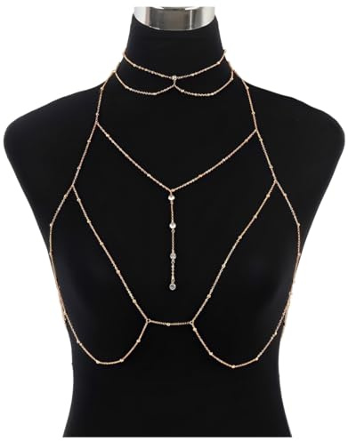 GGUFAY Bikini Bh Body Chain mit Halskette, Kristall Körperkette Gold Und Silber Bikini Kette Brust Kette Brustkette Zubehör Sexy Kreuz Brust Kette Geeignet Für Frauen Fürpartys Und Nachtclubs