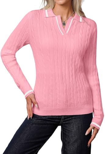 YUNDAI Womens Cable Knitted Collared V Neck Jumpers | Soft cable knit lightweight stretch, white striped collar & cuffs, slim preppy jumper for office school spring daily wear
