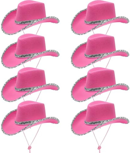 TESIN 8 Stück Pinke Cowboyhüte mit Pailletten – Glitzer Westernhut Damen für Karneval, Junggesellinnenabschied, Mottoparty, Geburtstag & Fancy Dress Kostüm