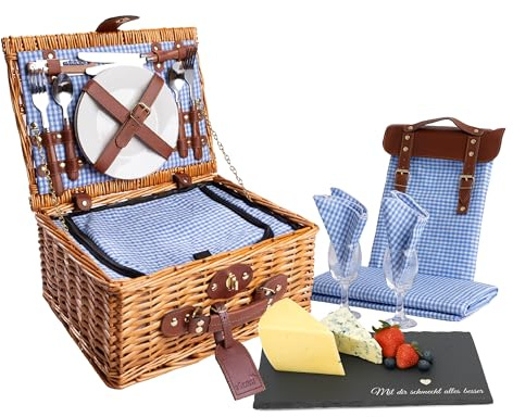 eGenuss Cesta de Picnic Personalizada para 2 Personas, Cesta de Mimbre con Compartimento térmico, Manta, Tabla de Pizarra, Bolsa, servilletas – Cerámica, Vidrio, Acero INOX | Azul
