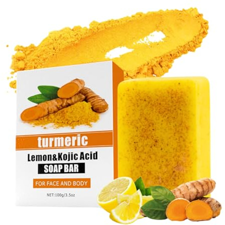 Turmeric Savon - Kojic Acid Soap - Savon au curcuma au citron - Savon naturel éclaircissant et hydratant - Savon solide pour le visage et le corps - Antioxydant - Savon de douche pour homme et femme