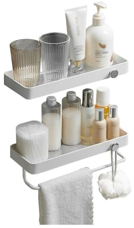 Lot de 2 paniers de douche muraux en acrylique avec barre porte-serviettes et crochets, étagères de rangement sans perçage pour des solutions élégantes et peu encombrantes