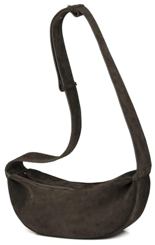 DONNAIN Hochwertige Umhängetasche Damen Leder, Minimal Halbmond tasche Damen, Wildleder Tasche, Moon bag Damen, Crossbody Bag Damen Leder und Brusttaschen mit breitem Riemen, Suede Bag, Kaffee