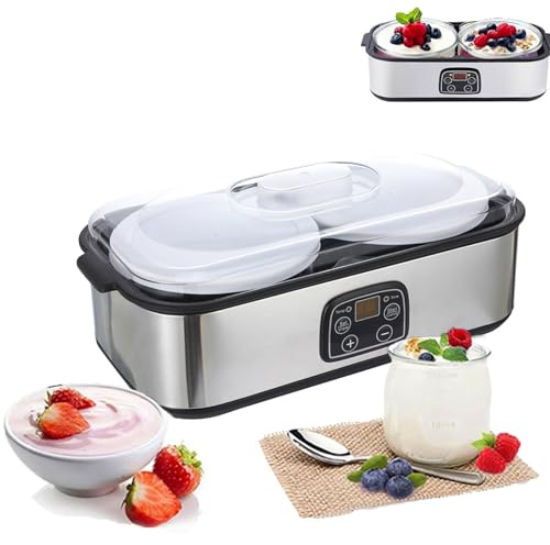 Maker Automático de Yogurt 2L Máquina de Acero Inoxidable con 2 Frascos de Vidrio, Control de Tiempo y Temperatura Ajustables para Yogurt Probiótico Casero, Natto y Fermentación