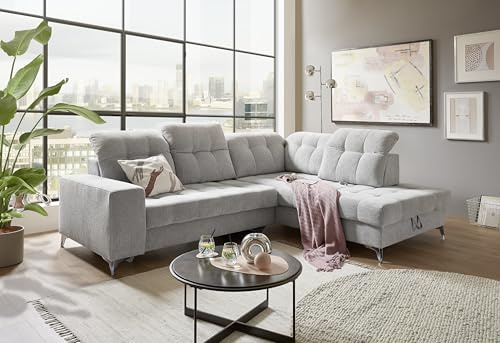Ecksofa Varadero in Hellgrau (Light Grey) – Eckcouch in L-Form mit 5 verstellbaren Kopfstützen, elektrischer Systemverstellung, manueller Sitztiefenverstellung, USB-Anschluss & großem Bettkasten