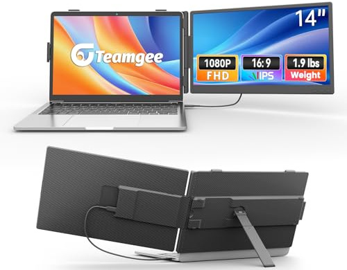 Teamgee Bärbar 14,1-tums bärbar skärm, 1080P FHD IPS laptop skärmförlängning, mini-HDMI/typ-C dubbel skärm fungerar med 13–17 tums bärbara datorer Mac Windows Chrome