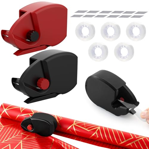 2-Pack Wrapping Paper Cutter and Tape Dispenser with 5 Tapes & 12 Blades - Fast & Safe Straight Line Cutting Tool for Gift Wrapping, Fits All Wrapping Paper Rolls (Black+Red)