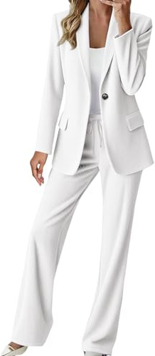 Damkläder, 2-delad klädsel, kvinnors affärskostym set – elegant kontorsarbete manchesterset bekväm smal passform blazers rockar och hög midja breda ben byxor enfärgad formell outfit höst, Vitt, 3XL