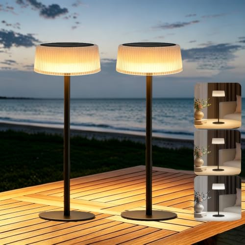 Cnlux Lámpara de Mesa LED Inalámbrica 2 Piezas, Lamparas de Mesa Recargable con Batería 4000 mAh, Solar y USB-C, Regulable Táctil 3 Temperaturas, IP65 Lámpara Solar Exterior Terraza Jardín Dormitorio