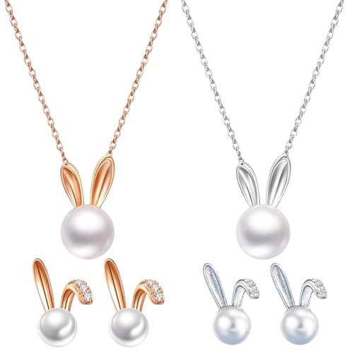 4 Stück Hasen Schmuck Set mit Halskette, Ohrringe Ostern, Oster Geschenke für Frauen, Perlen Ohrringe & Halskette Gold & Silber, Osterhasen Geschenk