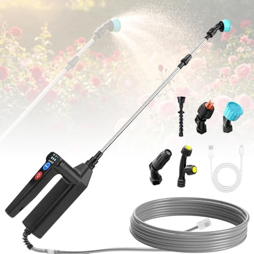 RNPKZ Spruzzatore a pressione a batteria, 7,4 V, spruzzatore elettrico a pressione, ricaricabile e portatile, con 5 ugelli regolabili e tubo da 5 m, spruzzatore per giardino e prato