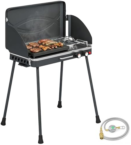 Outsunny Bärbar gasgrill 2 brännare 7 kW 2-i-1 bordsgrill med stek, vikbara ben, grillgaller, vindskydd, lock, stängning, non-stick-beläggning, campinggrill, utomhus, bordsgrill, för BBQ camping