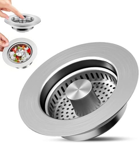 Tapon Fregadero Cocina, 3 en 1 de Acero Inoxidable Filtro Fregadero Cocina, Tapón Press Push para Filtro Desague Fregaderos 73-87mm, Colador Desagüe con Filtro AntiOlores