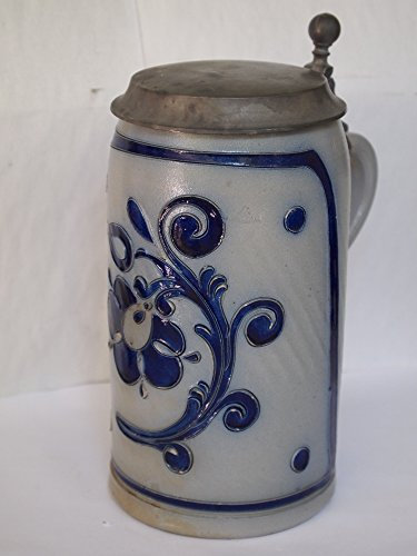 Westerwald alter Westerwälder Bierkrug, Ritzkrug, Feinsteinzeug, Rankendekor, Keramik, Blau, Wiederverwendbar, 19 cm, Zuhause, Museumsstück