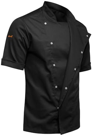 strongAnt Chaqueta de Chef para Hombre Slim Fit Stretch con Botones de presión, Chaqueta de Panadero - Manga Corta - Negro, M