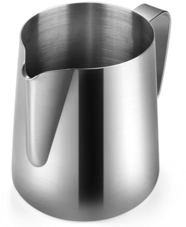 Flexzion Edelstahl Milchaufschäumkrug - Milchkessel Tasse Krug Sahnekännchen Zubehör geeignet für Barista, Espressomaschinen, Cappuccino-Kaffee, Milchaufschäumer, Latte Art 12 oz (350 ml) | Milchdampfbecher mit konischem Ausguss und gebogenem Griff für kontrolliertes Ausgießen, Cappuccino, Espresso und Latte Art.