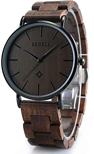 BEWELL Wooden Watches for Men Women Slim Analog Quartz Minimalist Couple Wrist Watch (Mens-Black)