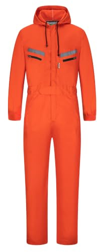 Yukirtiq Herr arbetskläder huva panndräkt overall med flera fickor, slitstark polycotton overallbyxor mekanik panndräkt med reflekterande tejp, Orange, XXL