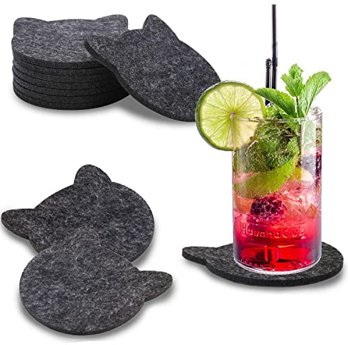 wortek Lot de 8 dessous de verre en feutre aspect chat – Lot de 8 dessous de verre en feutre pour tasses, verres, gobelets et boissons froides et chaudes – Diamètre 10 cm – Lavables (gris foncé)