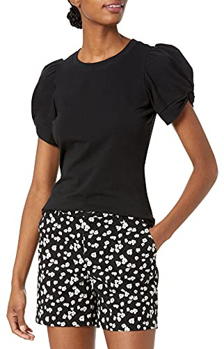 Amazon Essentials T-shirt à Col Rond et Manches Bouffantes, Coupe Classique Femme, Noir, L