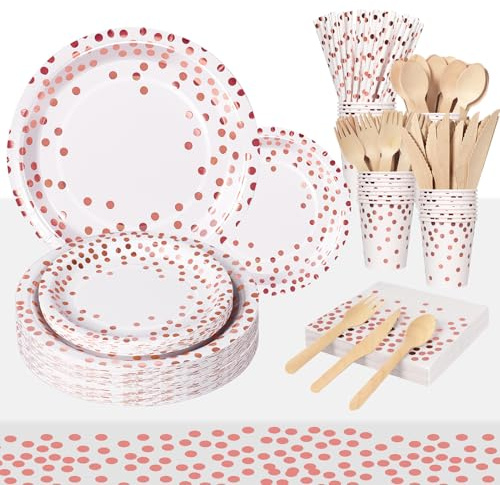 Nkaiso 193 Stück Rosa Gold Pappteller Partygeschirr Set -24 Gäste | Party Teller Einweg Set mit Pappteller Becher Geschirr für Geburtstag, Hochzeit, Jubiläums