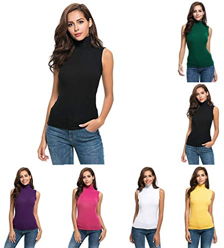 Jersey de cuello alto para mujer, sin mangas, suave, elástico, cuello alto, camiseta interior fina, monocolor, cuello alto