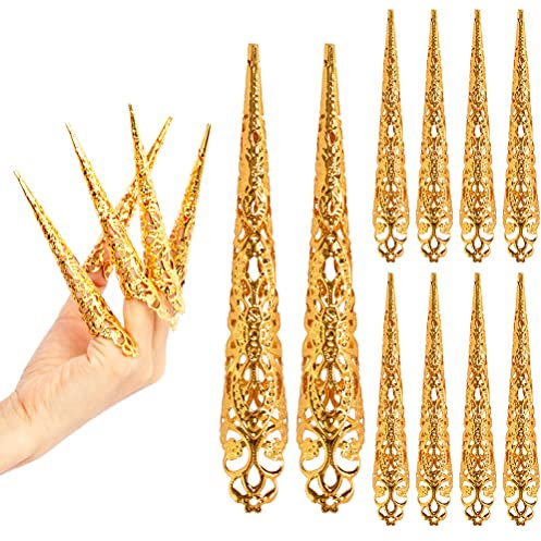 Jouuo Anillos para uñas con punta de uña, paquete de 10 anillos de uñas con garras de dedo de la reina antigua, garras largas, anillos de uñas falsas, protección de uñas de las uñas, protectores de
