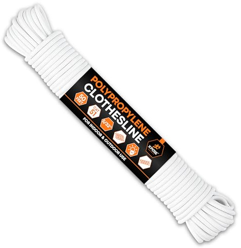 Plastic Clothesline - 50' Clothes Line - White Outdoor Weather Resistant - Synthetic Cord for Hanging and Drying Clothing & Laundry - Plastic Rope Clothes Line String for Pulley