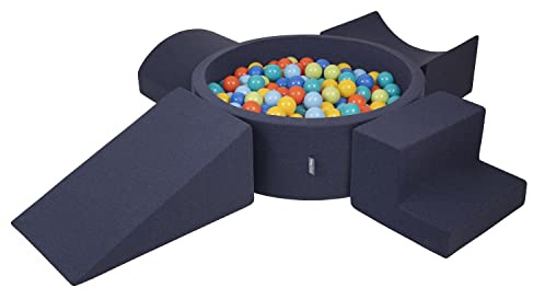 KiddyMoon Spielplatz Aus Schaumstoff Mit Rund Bällebad (200 Bälle) Ballgruben Für Babys Spielbad Hindernisläufen, Hergestellt In Der EU, Dunkelblau:Hellgrün/Orange/Türkis/Blau/Bblue/Gelb