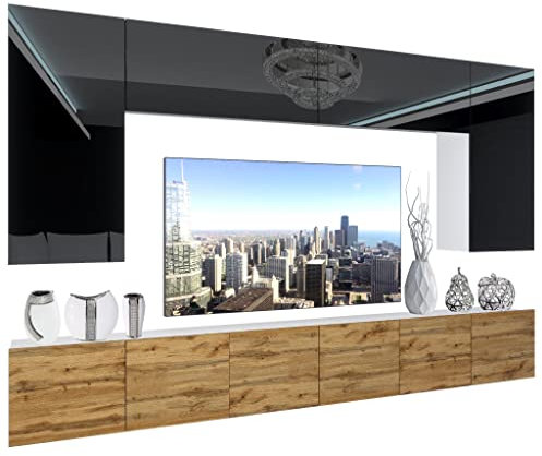 BELINI - Unité Murale TV NEX I Ensemble Muebles de Salon Complet I Ensemble Meuble TV avec Illumination LED I Dimensions: 300 x 180 x 36 cm I Coleur: Noir très Brillant/chêne wotan 1